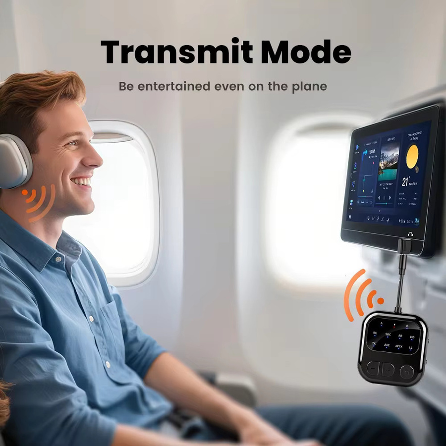 KEBIDU Bluetooth 6.0 Empfänger-Sender 2 in 1 Audio-Adapter mit AptX-Adaptive für Auto und Flugzeug, Schwarz - Bild 4