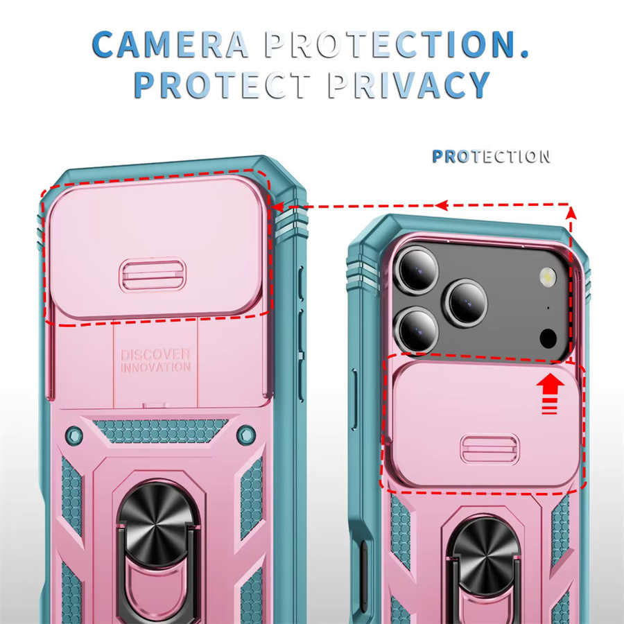 SZMUGUA Handyhülle mit 360-Grad-Ringhalterung und Schiebekamera-Schutz für iPhone 17 Air 16 16E 15 14 Plus 13 12 11 XS X XR Pro Max in Pink und Grün - Bild 3