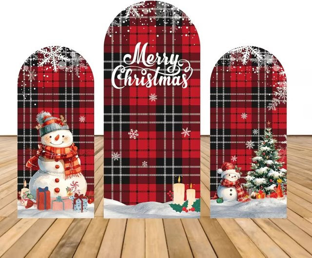 VIKAMA Weihnachts-Bogenhintergrund mit Schneeflocken im rot-schwarzen Tartan-Design für deine Party und Fotografie - Bild 1