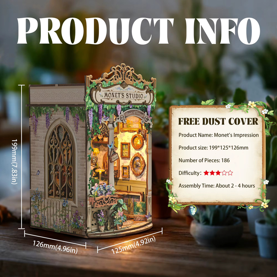 ELEVEN-CUTE Monet's Studio Buch Nook Regal Einsatz Kit, Miniatur Modell Kit, mit Licht, Holz - Bild 4