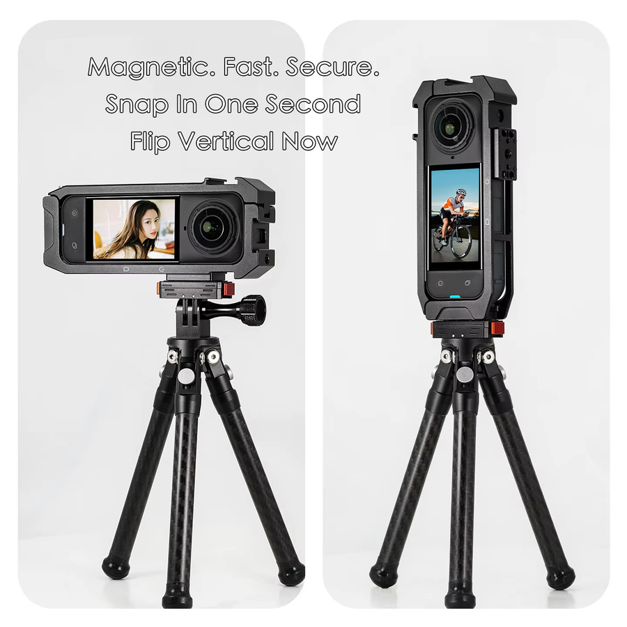 Insta360 X5 Magnetischer Schnellwechsel-Kamerakäfig in Schwarz mit horizontaler und vertikaler Halterung und Schutzrahmen - Bild 4