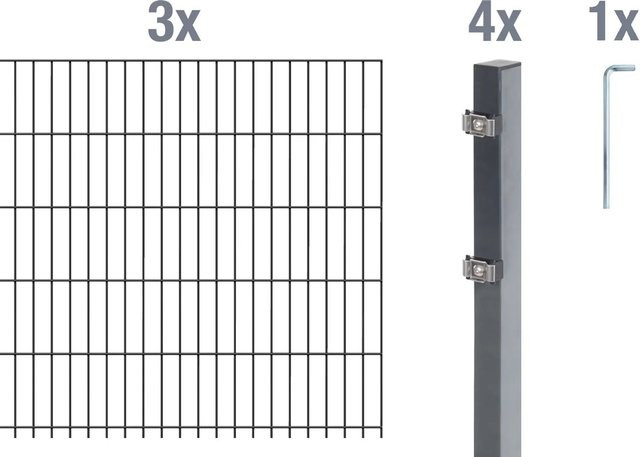 Metallzaun Grund-Set Doppelstabmatte aus Stahl, anthrazit beschichtet, B: 3 m, H: 2 m, T: 1 m - Bild 1