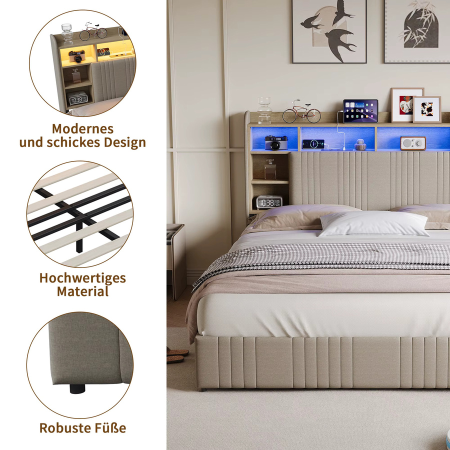 Superaly Plattformbett aus Leinen in Beige mit 4 Schubladen, LED-Beleuchtung, USB-Ladestation und Kopfteil mit Bücherregal, B/T: 160 x 200 cm - Bild 6