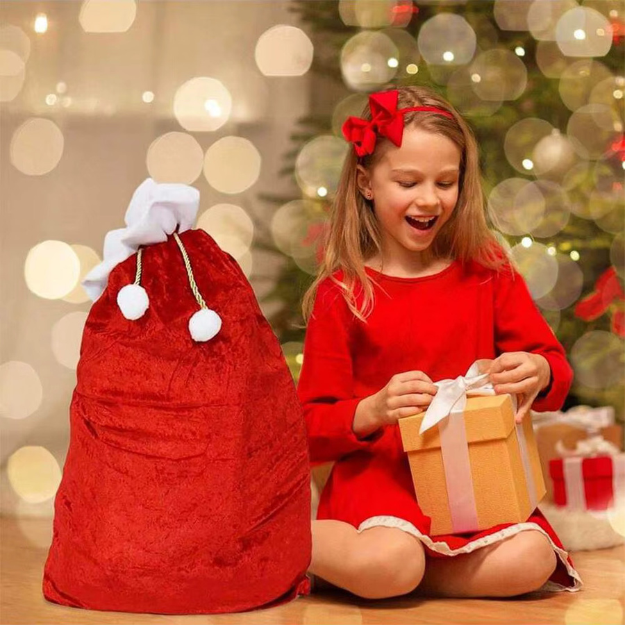 Rote Weihnachts-Geschenktüten aus Samt mit Kordelzug im Weihnachtsmann-Design - Bild 5