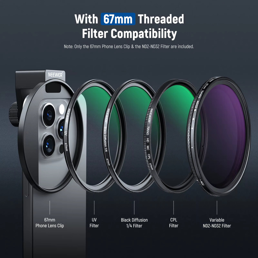 NEEWER 67 mm Clip-On-Filterset mit variablem ND2-ND32-Telefonobjektiv und Telefonclip in Schwarz - Bild 4