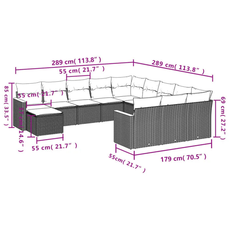 vidaXL 12-tlg. Garten-Sofagarnitur in L-Form aus schwarzem Poly-Rattan mit wetterfesten Kissen und pulverbeschichtetem Stahlgestell - Bild 3