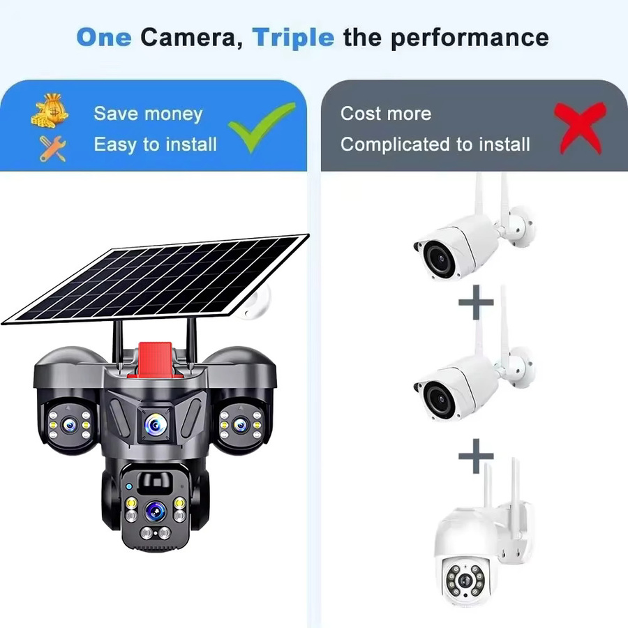 FUERS 4G WIFI Solarkamera V380 Pro mit 6MP Dreifachobjektiv, 10X Zoom und Drei-Bildschirm-Bewegungserkennung für die Outdoor-Sicherheit in Schwarz - Bild 3