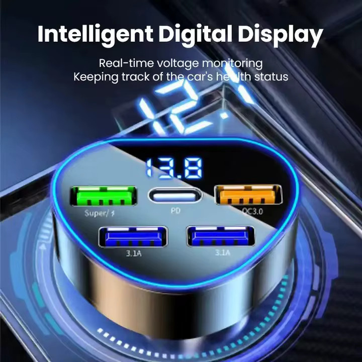 Kebidumei 66W PD Auto Ladegerät mit QC 3.0 Schnellladung, 5 Ports und Digitalanzeige für den Zigarettenanzünder - Bild 5