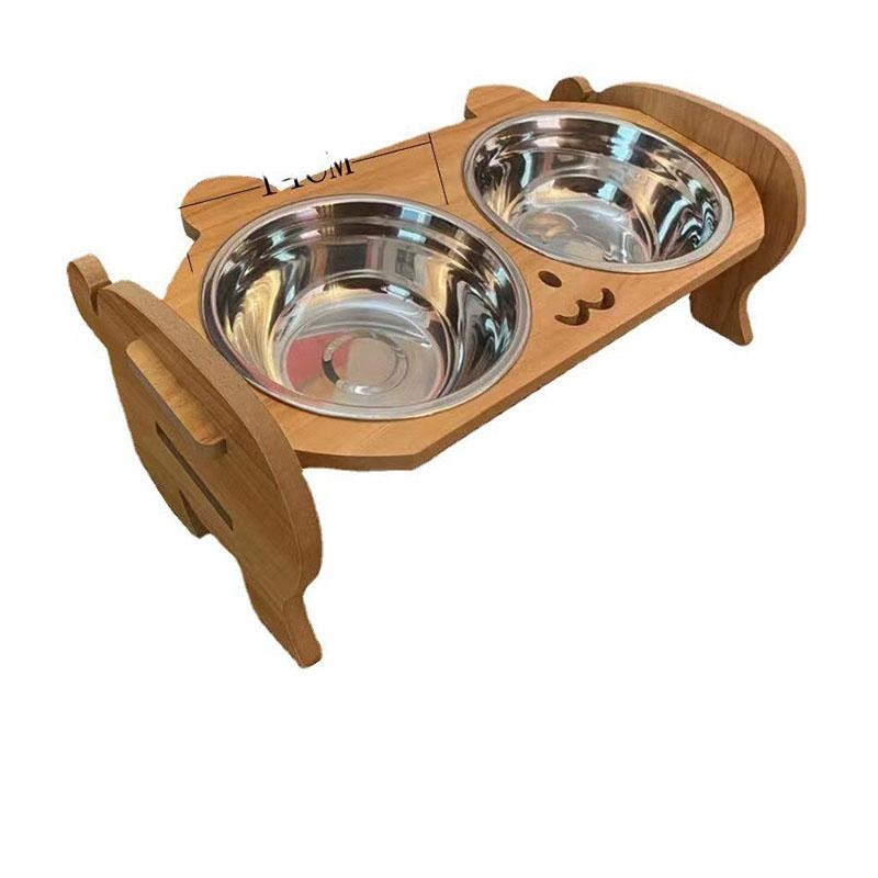 Verstellbarer Doppelnapf aus Holz und Edelstahl von Yiran Furniture in Braun mit Nackenschutz und Anti-Kipp-Funktion für Hunde und Katzen - Bild 2