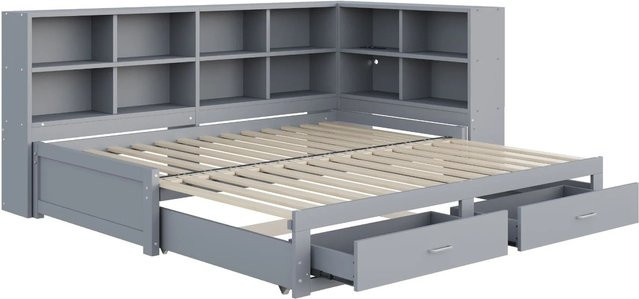 Merax Schlafsofa aus Massivholz und Stoff in Grau mit USB-Ladeport und integrierten Schubladen, B/T/H: 90 x 190 x 82 cm - Bild 1