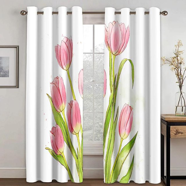 Yiran Furniture Vorhänge Lila Traum Tulpenblumen Meer, semi-transparent, B: 80 cm, H: 185 cm, 2er-Set mit Haken - Bild 1