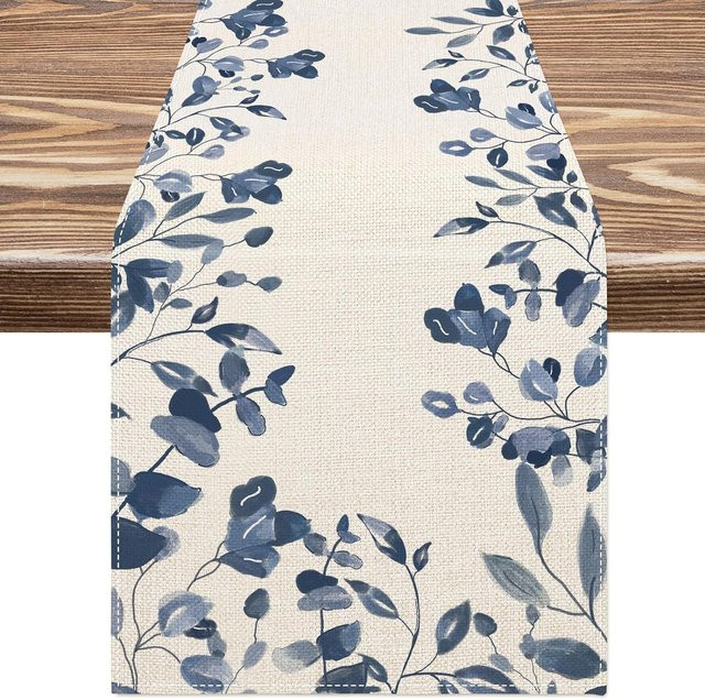 JINGYUE Pet Tischläufer aus Leinen mit blau-weißem Aquarell-Blumenmuster, Grau, B: 150 cm, T: 33 cm - Bild 1
