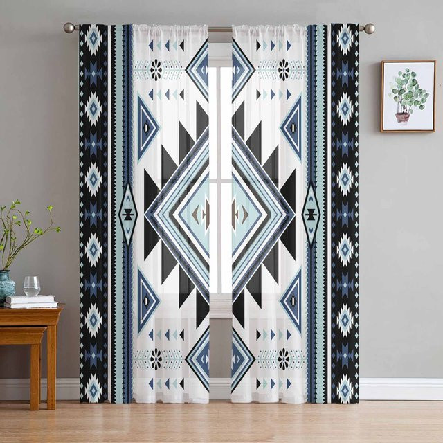 Super Six Transparente Tüll-Vorhänge im böhmischen Stil, Blau Weiß Schwarz, B: 135 cm, H: 114 cm - Bild 1