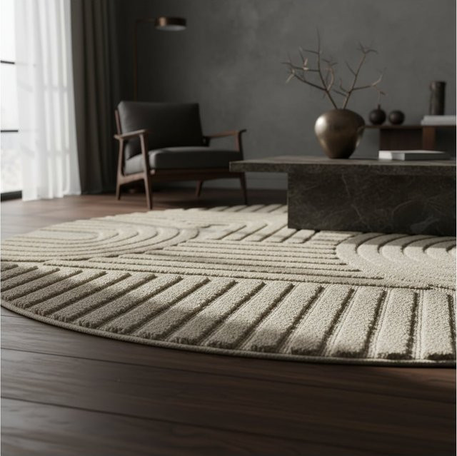 Kadima Design Teppich RIGI Hochflor in Beige im Skandi-Boho-Stil mit High-Low-Effekt, Durchmesser: 160 cm - Bild 1