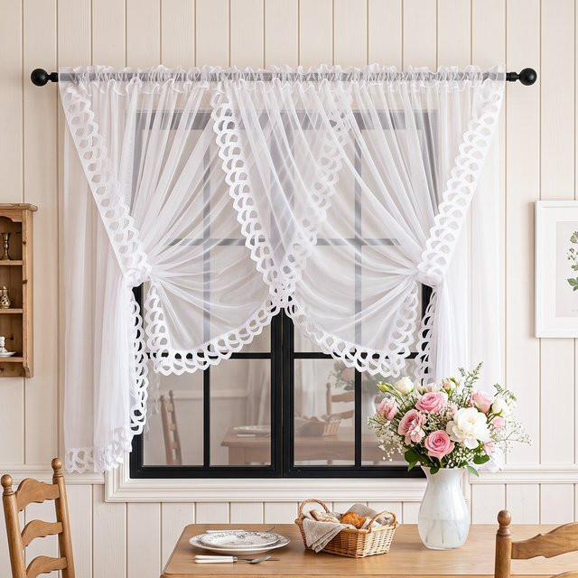 FLYINGCURTAINS Spitzen-Vorhang in Weiß mit Bindeband, lichtfilternde Gaze aus Polyester, semi-transparent im Shabby Chic Stil - Bild 1