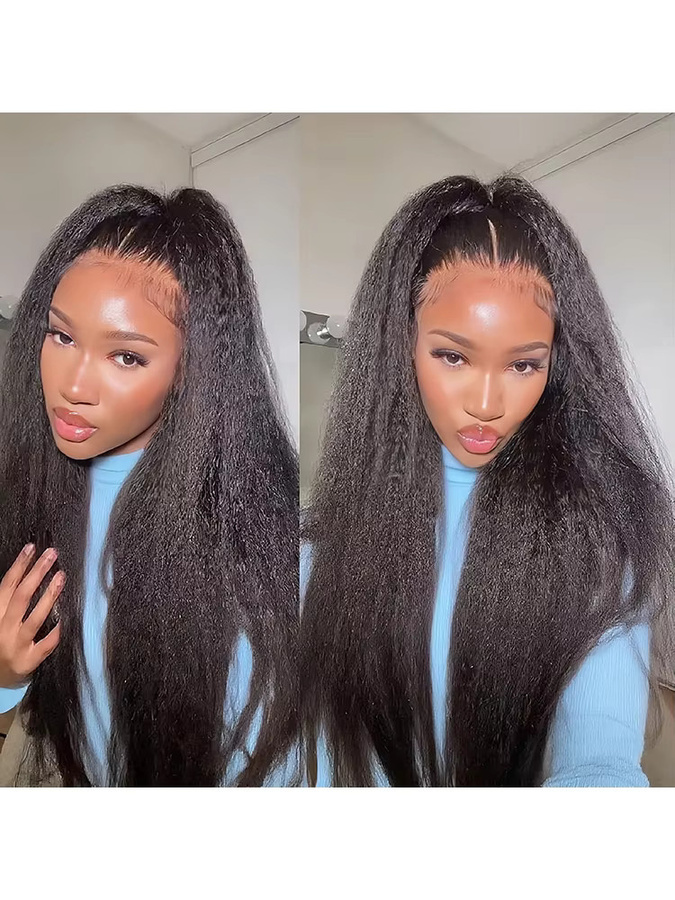 GOWIK Echthaarperücke Kinky Straight 360 Full Lace, Naturschwarz, Damen - Bild 1