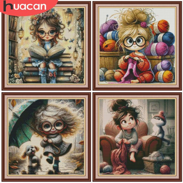 HUACAN Kreuzstickerei-Set Mädchen Cartoon-Porträt DIY Bastelset für Erwachsene in Multicolour, Breite: 30 cm, Höhe: 30 cm - Bild 1