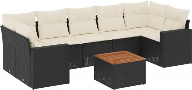vidaXL 8-teilige Garten-Sofagarnitur in L-Form aus Poly-Rattan und pulverbeschichtetem Stahl mit Kissen in Schwarz-Creme - Bild 1