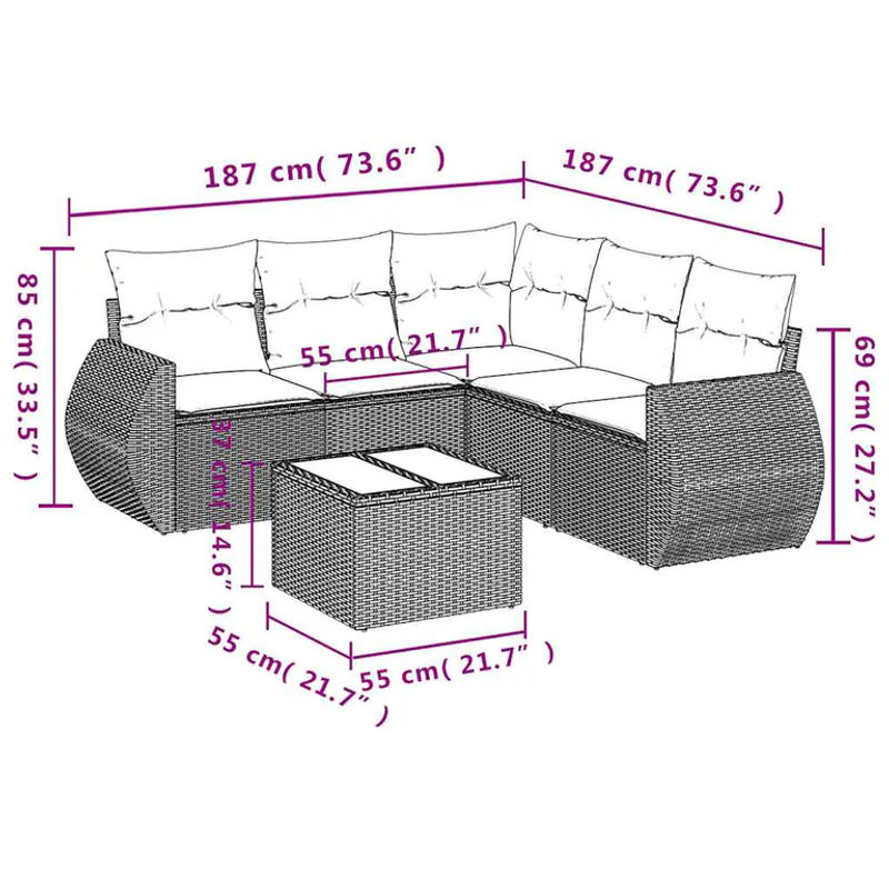 vidaXL 6-teilige Garten-Sofagarnitur in L-Form aus schwarzem Poly-Rattan mit Kissen und pulverbeschichtetem Stahlgestell - Bild 2