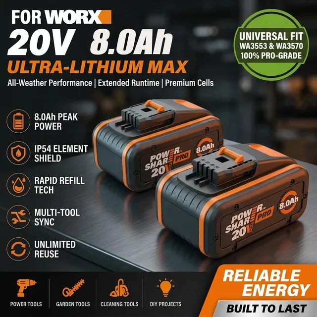 Worx Ersatz Akku 20V 8000mAh Lithium-Ionen für Elektrowerkzeuge WA3551 WA3551.1 WA3553 WA3641 WX373 - Bild 1