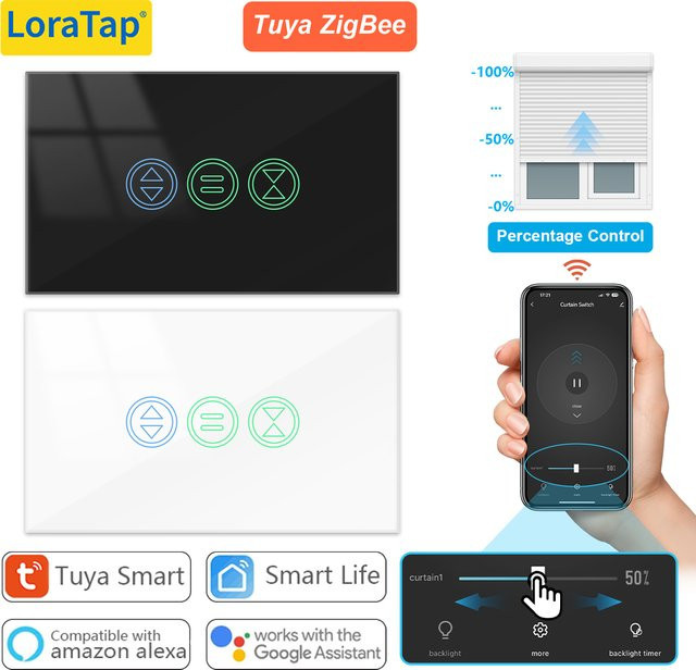 LoraTap ZigBee Rollladen und Vorhang Schalter mit Tuya Smart Life App Steuerung, US-Version, Weiß, kompatibel mit Google Assistent und Alexa, mit Prozent- und Timerfunktion - Bild 1
