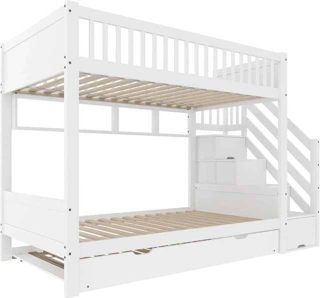 KOMHTOM Etagenbett für Kinder mit Ausziehbett, Regal und Kleiderschrank in Weiß - Bild 1