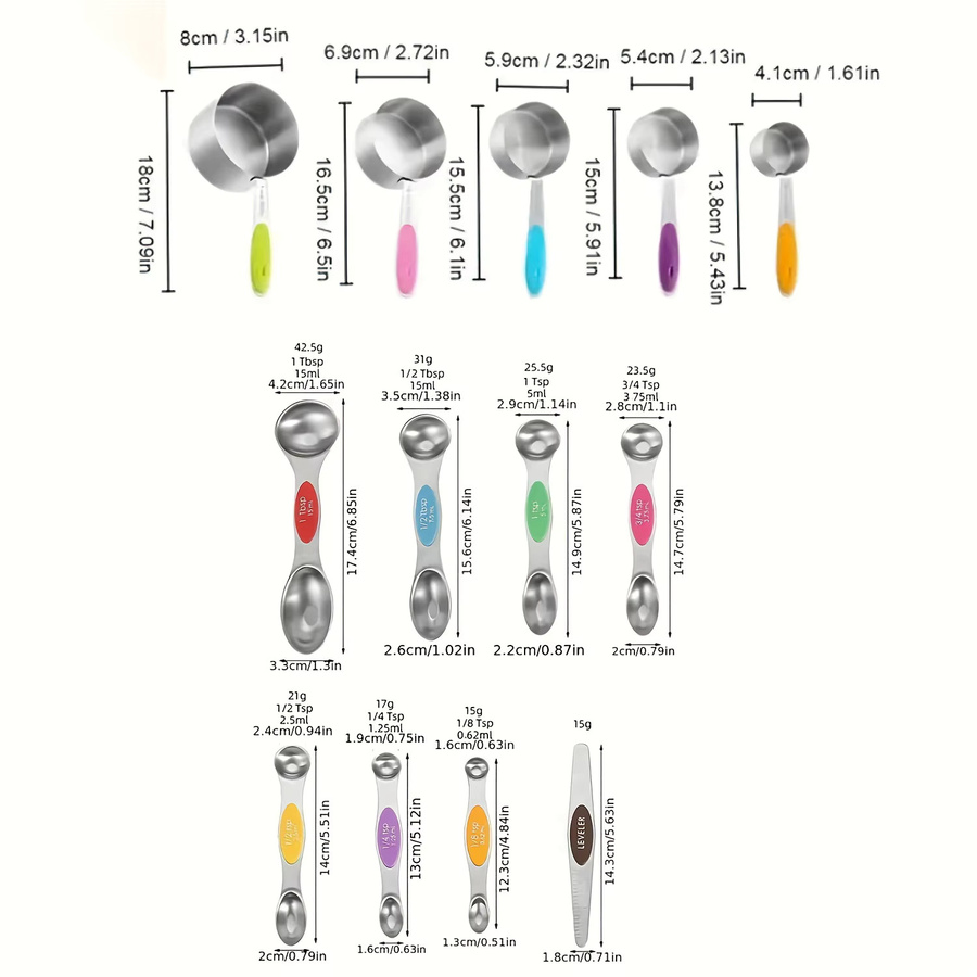 SONGKANGLING Messbecher und Messlöffel Set aus Edelstahl in Schwarz und Silber, 13-teilig mit 5 verschachtelbaren Messbechern und 7 magnetischen Messlöffeln - Bild 3
