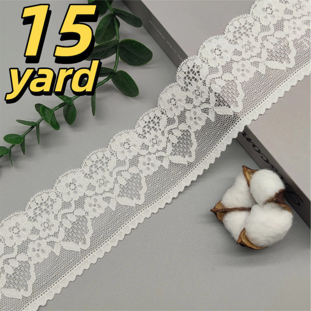 Elastische Spitzenborte in Weiß, 15 Yards Dehnbarer Spitzenstoff-Besatz mit Breite: 6,3 cm für Dessous, Kleider und Bastelarbeiten - Bild 1