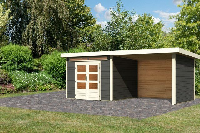 Gartenhaus Karibu KANDERN 6 aus Fichtenholz in Terragrau mit Pultdach und Anbaudach, B/T: 274 x 274 cm, Wandstärke: 28 mm - Bild 1