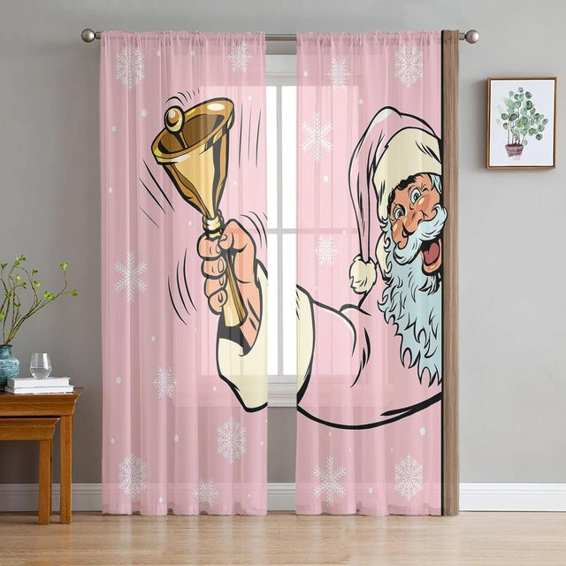 Weihnachten Tüllvorhang mit Weihnachtsmann und Glocken, halbtransparentes Voile-Fensterdekoration in Rosa und Weiß, Breite: 135 cm, Höhe: 115 cm - Bild 1