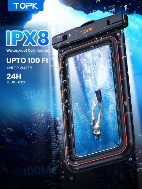 TOPK Wasserdichte Handytasche IPX8 schwimmende Trockentasche für Smartphones bis 7 Zoll in Orange und Schwarz - Bild 1