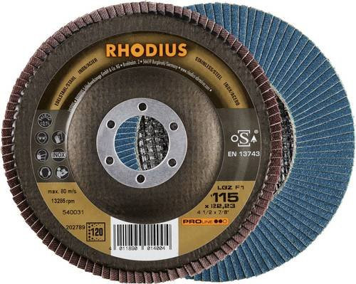 Rhodius PROline LGZ F1 Fächerschleifscheibe Blau, Körnung 120, Durchmesser: 115 mm, Bohrung: 22,23 mm, 10 Stück - Bild 1