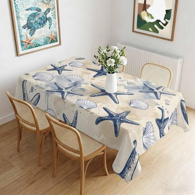 Rechteckige Tischdecke von JINGYUE Pet mit Sommer Meeresstern und Muschel Motiv in Beige, B/L: 140 x 180 cm - Bild 1