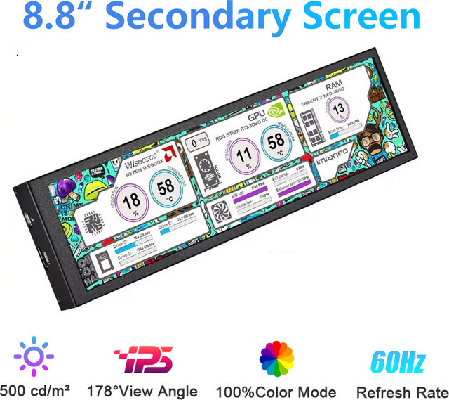 Wisecoco 8,8 Zoll FHD Long Wide Monitor mit Gehäuse, 1920x480 Auflösung, PC Sensor Panel Display zur Temperaturanzeige, Schwarz - Bild 1