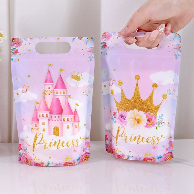 Prinzessinnen Geschenktüten mit Kronen- und Schloss-Design in Pink für Geburtstage und Hochzeiten, 10 Stück - Bild 1