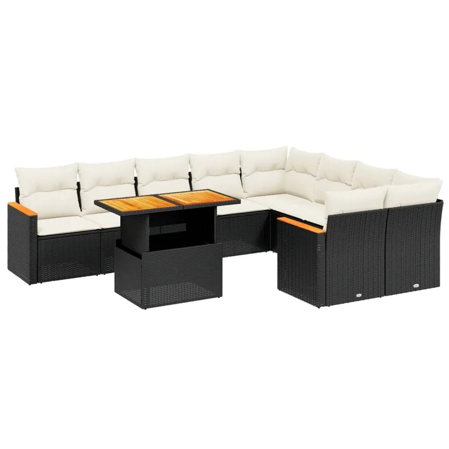 vidaXL 10-tlg. Garten-Sofagarnitur in L-Form aus Poly-Rattan und Akazienholz mit Kissen, Schwarz - Bild 2