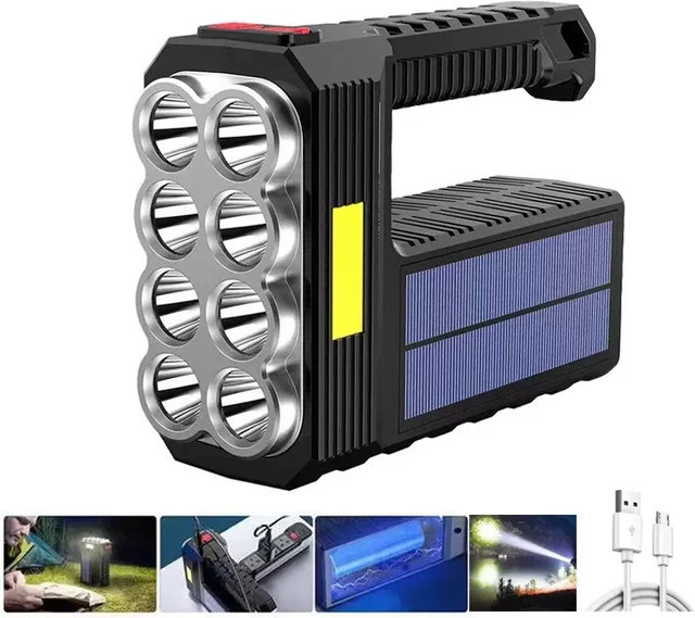 ESMARTER Outdoor Camping Suchscheinwerfer mit 8 LED Lampen, Solar und USB-Ladung, tragbare Handheld Taschenlampe in Schwarz mit 4 Beleuchtungsmodi - Bild 1