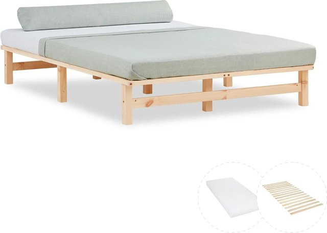 Homestyle4u Palettenbett aus Kiefernholz in Natur mit Matratze, B/T: 140 x 200 cm - Bild 1