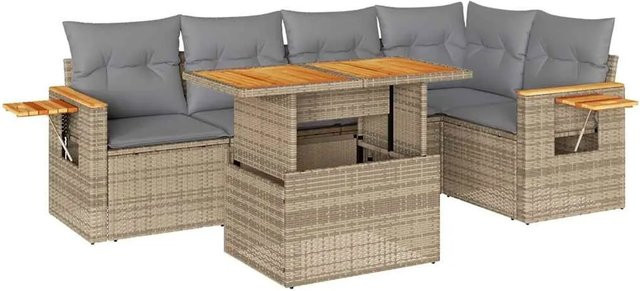 vidaXL 6-teilige Garten-Sofagarnitur in L-Form aus Polyrattan und Akazienholz mit Kissen in Beige-Grau - Bild 1