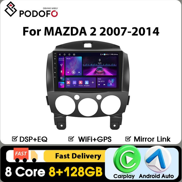 Podofo Carplay Autoradio für MAZDA 2 2007-2014 mit Android Auto, GPS-Navigation, KI-Sprachsteuerung, WIFI, 4G, FM RDS und Mirrorlink in Schwarz - Bild 1