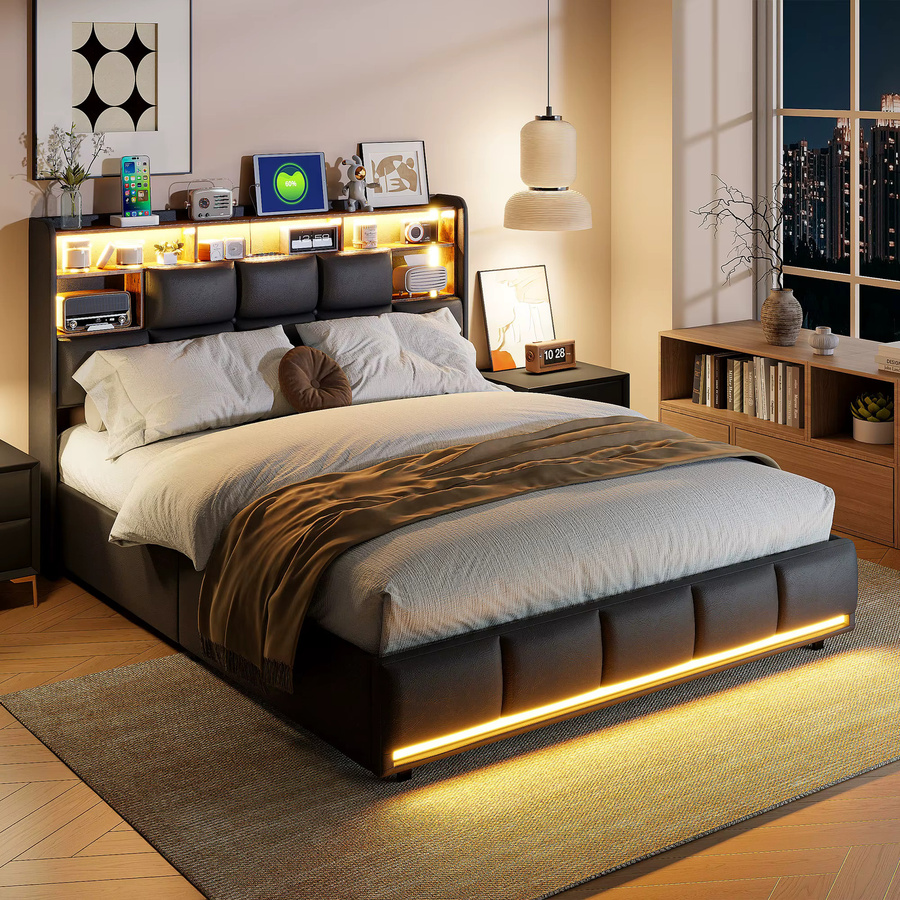 Rosahqnda Polsterbett in Schwarz mit LED-Kopfteil und hydraulischem Stauraum, B/T/H: 140 x 200 cm, modernes Jugendbett mit Metallrahmen und Kunstleder-Bezug - Bild 3