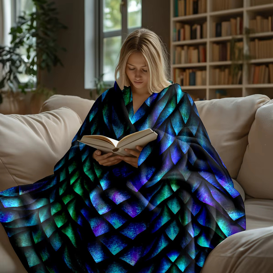 VIKAMA Überwurfdecke mit dreifarbigem Drachen-Skala-Aufdruck in Multicolour, weich und warm für Schlafzimmer und Wohnzimmer - Bild 5