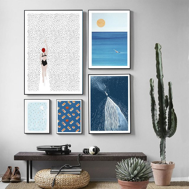 Potdemiel Leinwandbild Abstrakter Tauchwal Minimalistisches Wandbild Sommerliches Meeres-Motiv als Textildruck - Bild 1