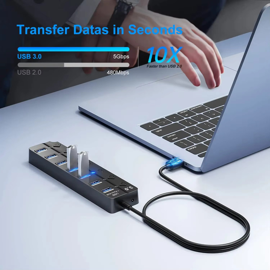 KEBIDUMEI 7-Port USB 3.0 Hub mit Ein/Aus-Schalter, USB-Dockingstation und OTG-Adapter, 5Gbps Übertragungsrate, Schwarz - Bild 3