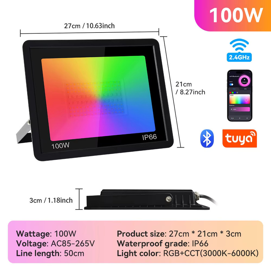 Arbrac 100W Tuya RGB LED Flutlicht Smart App Steuerung, dimmbarer wasserdichter Außen-Scheinwerker in Schwarz für Garten, Bühne und Party - Bild 7