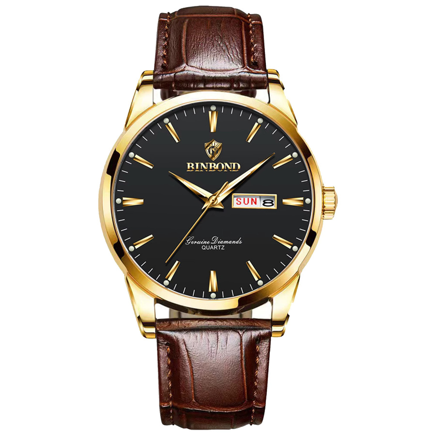 BINBOND Armbanduhr Quarz, Leder, Schwarz, Gold, Herren - Bild 6