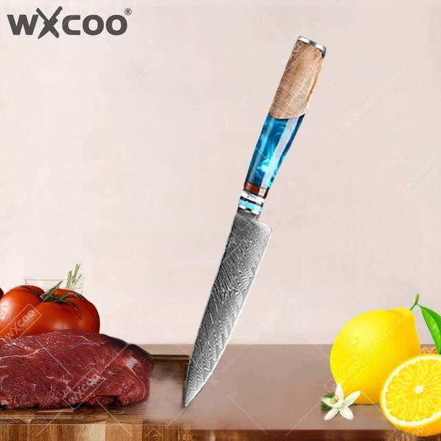 WXCOO Damaszener Stahl Kochmesser-Set mit blauem Harzgriff, Japanisches Profi-Küchenmesser-Set für Obst und zum Schälen - Bild 1