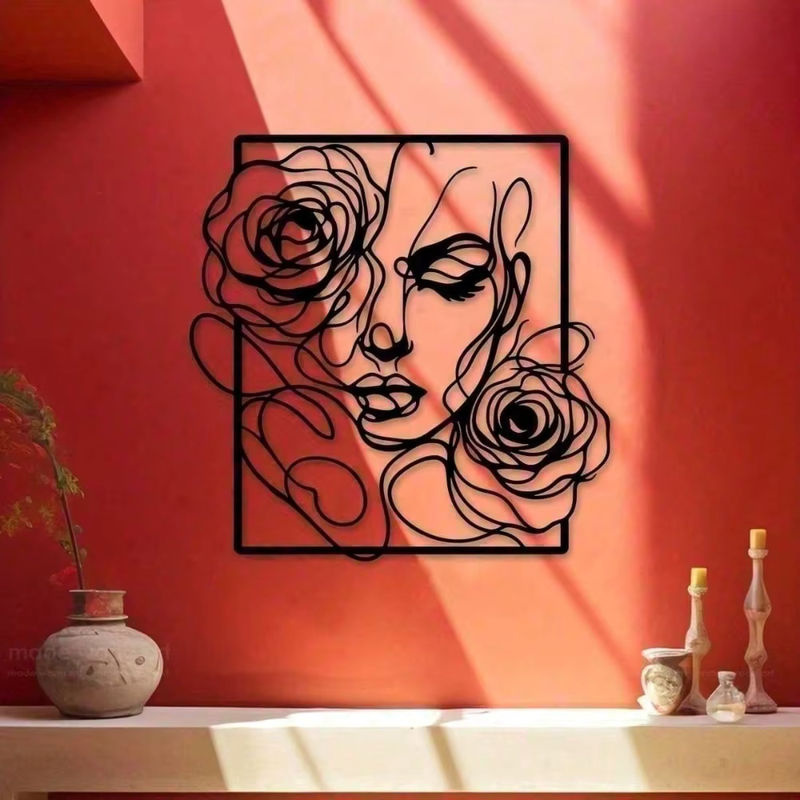 Schwarze Metall-Wandkunst von CIFBUY – Elegante Silhouette einer Frau mit Rosen als wasserfeste Wanddekoration - Bild 2