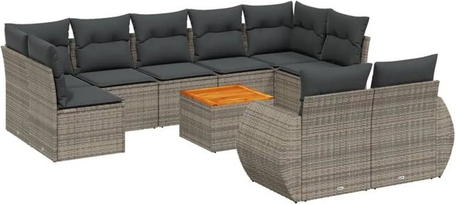 vidaXL 10-tlg. Garten-Sofagarnitur in L-Form aus grauem Poly-Rattan mit Kissen und pulverbeschichtetem Stahlgestell - Bild 1
