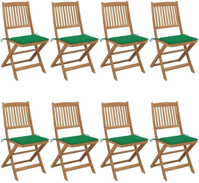 vidaXL Set 8 Klappbare Gartenstühle aus Akazien-Massivholz mit Kissen in Braun und Grün - Bild 1